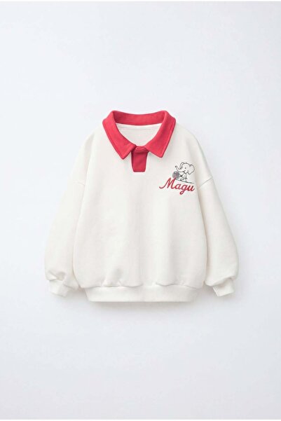 Magu Children's Cotton Elephant Embroidered Red Polo Collar Ecru Sweatshirt