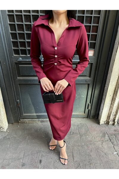 Clothes Fast Women's Burgundy - Bordo Shirt Collar Long Sleeve Button Detaile...