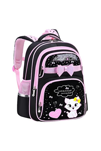 Morvena Picks Rucsac, design drăguț pisică, 33 x 26 x 13 cm, negru/roz