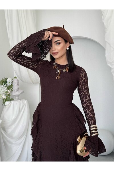 Moda Days فستان نسائي بني من الدانتيل بطول متوسط وياقة دائرية وأكمام طويلة وق...
