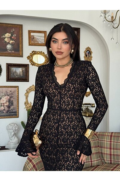 Clothes Fast Γυναικείο μαύρο φόρεμα με δαντέλα με λαιμόκοψη V και μακρύ μανίκ...