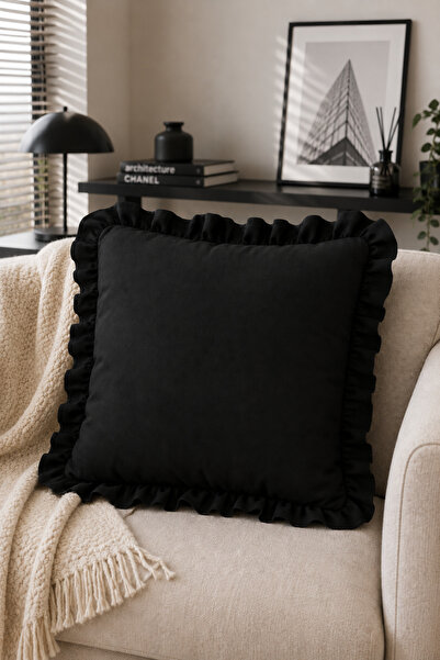 YUNUSOĞLU HOME 1 Piece Black Ruffled Decorative Throw Pillow Cover 100% Cotto...