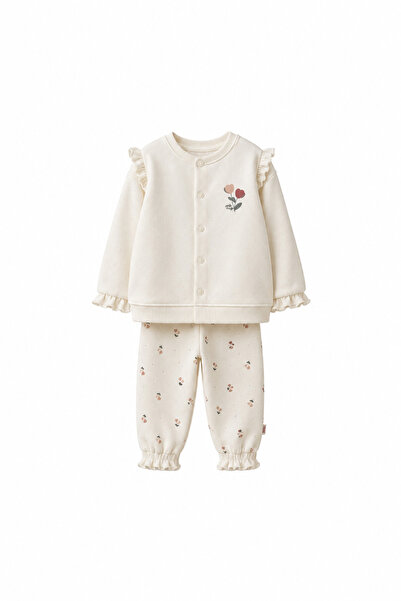 Magu Baby Girl Cotton Floral Detailed Ecru Cardigan and Patterned Trousers Set