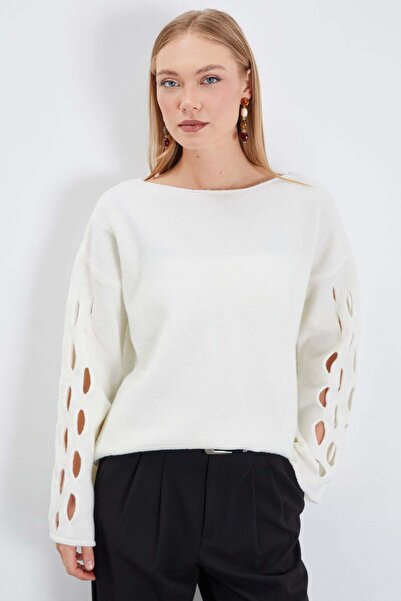Fulla Moda Openwork Sleeves Boat Neck Wide Sleeve Knitwear Sweater