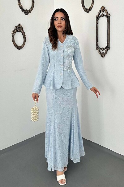 Moda Days Women's Blue Jacket Skirt Set Lace Embroidered V-Neck Buttoned Long