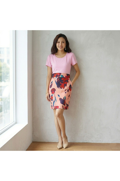 dorbe Women's Pink Floral Bodycon Short sleeve Mini Dress