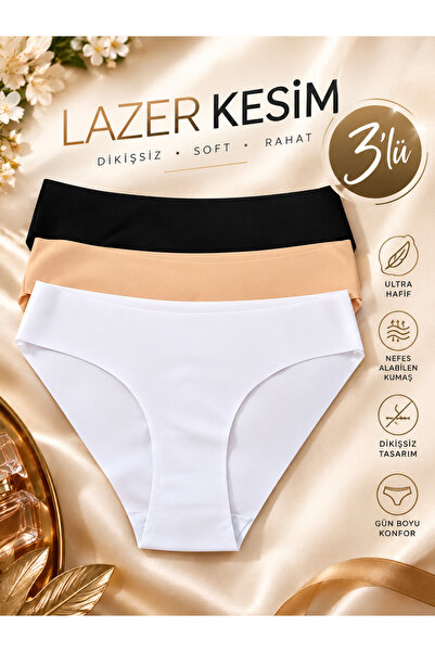 3'lü Lazer Kesim Dikişsiz Kadın Slip İç Çamaşırı Seti