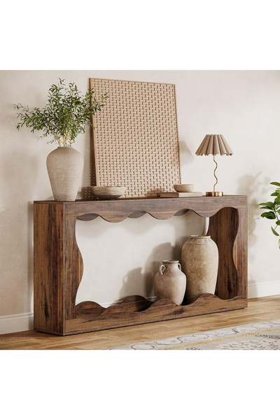 KEKE Wavy Console Table – Solid Wood Sculptural Entryway Table with Curved Ed...