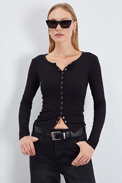 Fulla Moda Μπλούζα στενής γραμμής με κουμπωτά κουμπιά και ριμπ ύφανση στο μπρ...