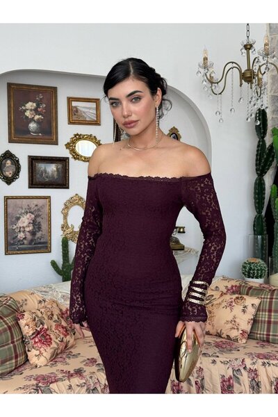 Clothes Fast Women's Plum Long Lace Dress Boat Neck Long Sleeve Bodycon Flounce