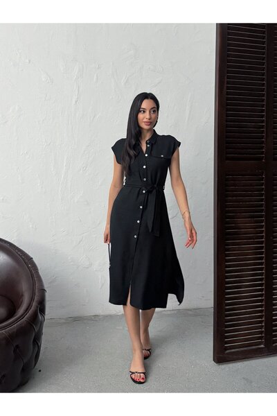 Moda Days Rochie cămașă midi fără mâneci, neagră, pentru femei, cu curea, buz...