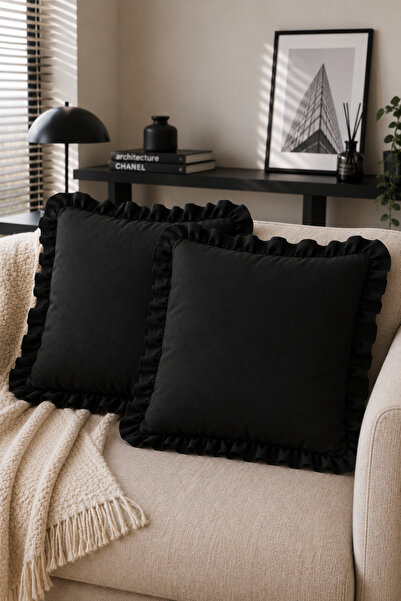 YUNUSOĞLU HOME Set of 2 Black Ruffled Decorative Throw Pillow Covers 100% Cot...