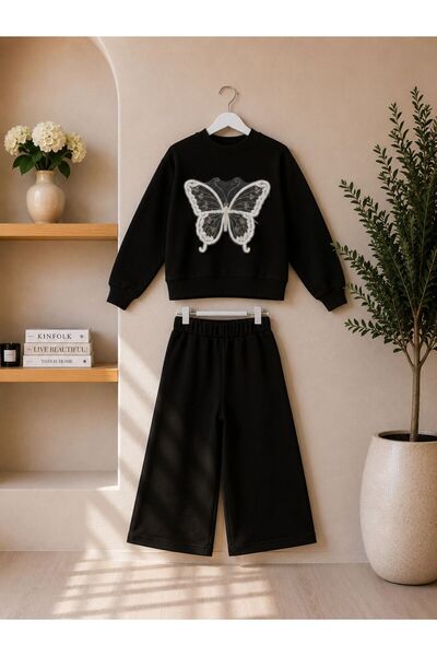 wees mod Kız Çocuk Kelebek Baskılı Sweatshirt Ve Eşofman Takımı