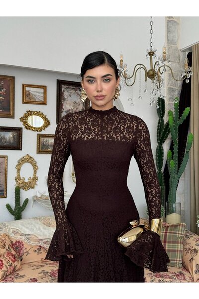 Clothes Fast Women's Coffee Lace Midi Dress High Neck Long Sleeve Evening Dre...