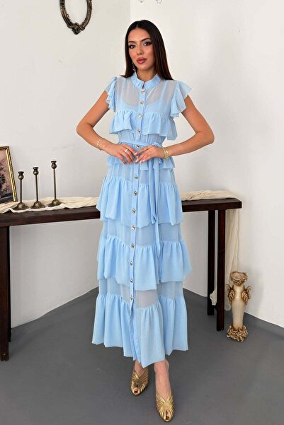 Moda Days Women's Blue Chiffon Layered Flounce Belted Buttoned Long Dress