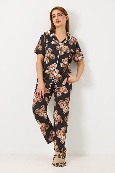 Raneel Kazançlı Alışveriş Women's Teddy Bear Printed Pajama Set Black