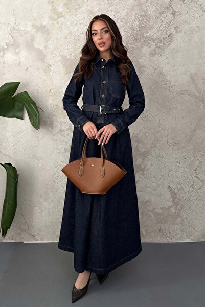 Moda Days Women's Blue Long Denim Shirt Dress Belted Buttoned Pocketed Maxi
