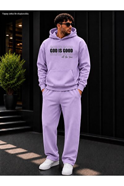 caddekombin Men's God Is Good Written Sweatpants Set / Round Neck Cotton Swea...