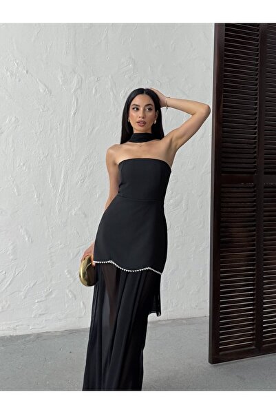 Moda Days Γυναικείο ΜΑΥΡΟ Φόρεμα Σιφόν Μάξι χωρίς τιράντες με Λεπτομέρεια Φου...