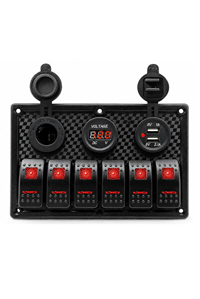 Labarka 6'lı Switch Panel USB + Çakmaklık + Voltmetre Kırmızı LED'li