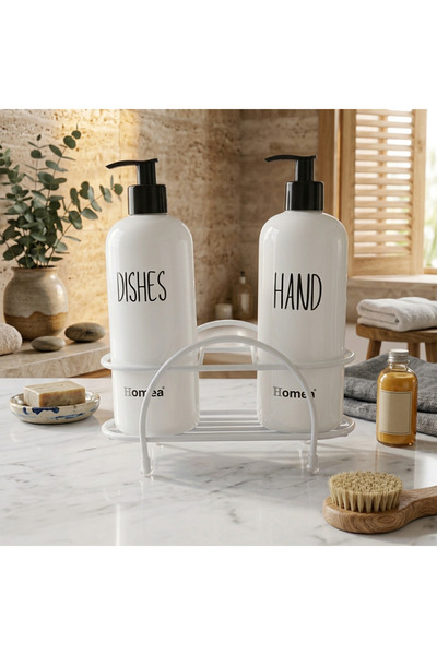 Homea 2'li Beyaz Sıvı Sabunluk Seti – Tel Standlı Mutfak ve Banyo Düzenleyici Beyaz Metal Telli