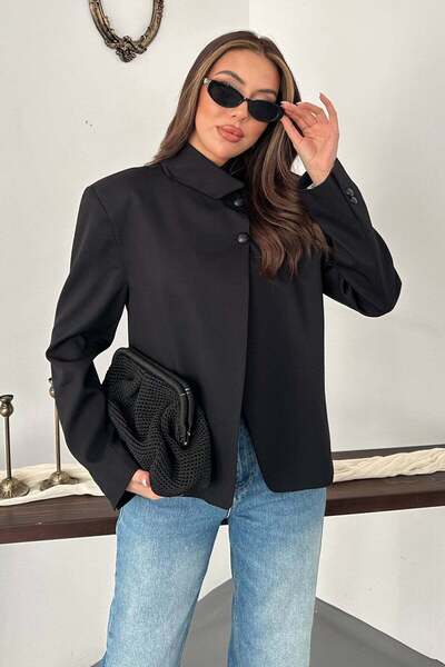 Moda Days Women's Black Jacket High Collar Double Button Lined Long Sleeve Wo...