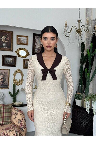 Clothes Fast Women's Beige Lace Long Dress V-Neck Bow Detail Long Sleeve