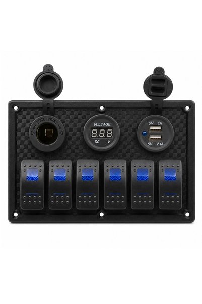 Labarka 6'lı Switch Panel USB + Çakmaklık + Voltmetre Mavi LED'li
