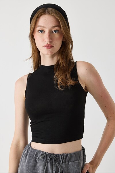 Raneel Kazançlı Alışveriş Full Transparent Cashmere Strappy Crop Blouse Black