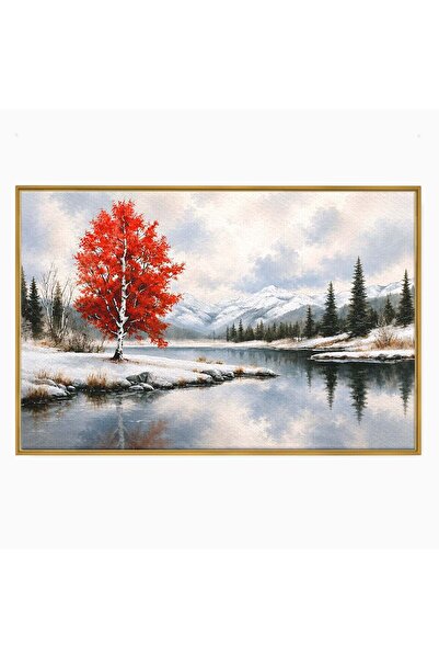 Luxcanva Tablou Canvas Peisaj De Iarna Cu Arbore Rosu 120x80 cm cu Rama Auriu...