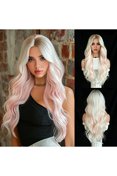 Fenomen Peruk Uzun Dalgalı Pembe Ombre Platin Sarı VIP Peruk
