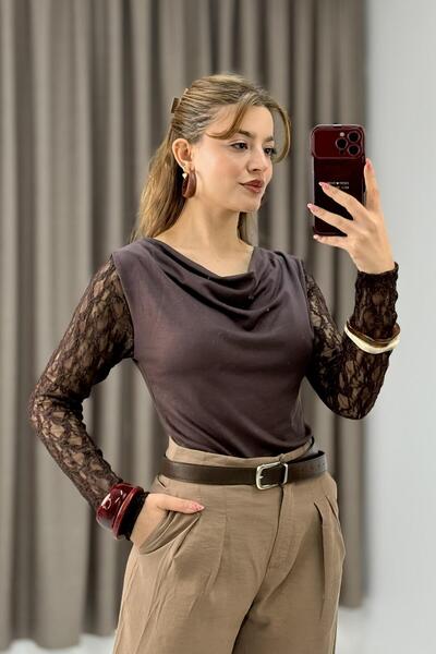 Raneel Kazançlı Alışveriş Women's Long Sleeve Lace Modal Draped Blouse Brown
