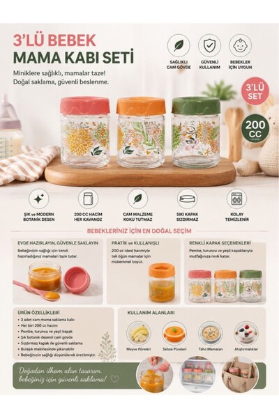 12den 3’lü Bebek Cam Mama Kabı Seti, Sızdırmaz Conta Kapaklı Cam Mama Yoğurt Gıda Kavanozu 3x200ml