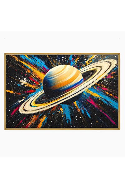 Luxcanva Tablou Canvas Inelul Cosmic 70x50 cm cu Rama Auriu Planeta Spatiu Ab...