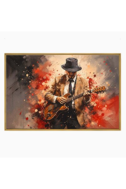 Luxcanva Tablou Canvas Chitaristul Misterios 100x70 cm cu Rama Auriu Chitara ...