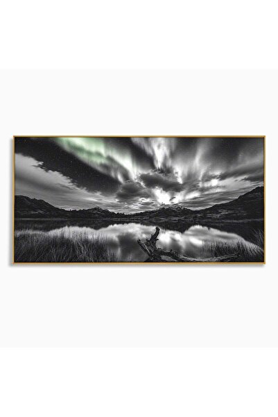 Luxcanva Tablou Canvas Aurora Boreala Monocromatica 100x50 cm cu Rama Auriu A...