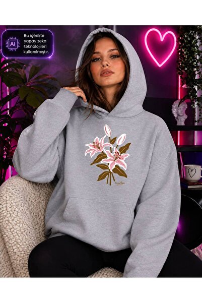 caddekombin Women's Pink Lily Flower Printed Hooded Kangaroo Pocket Cotton Ca...