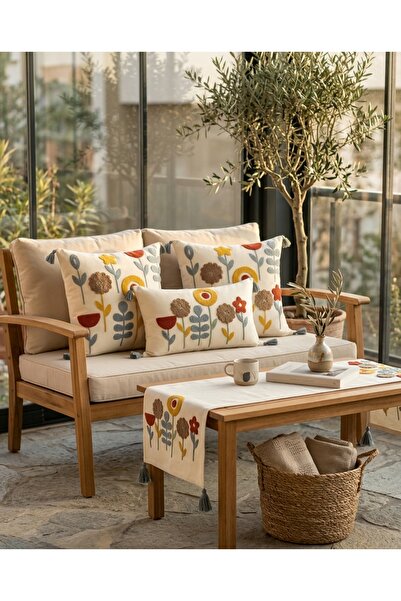 Dokuvia Flora Garden 4’lü Punch Nakışlı Kırlent & Runner Seti – 2 Kare + 1 Di...