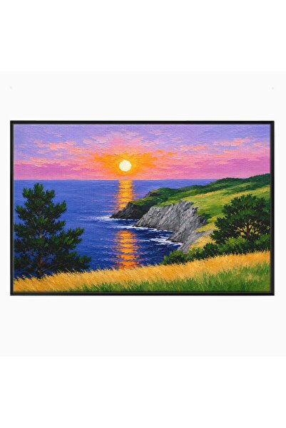 Luxcanva Tablou Canvas Apus Pe Tarmul Marii 100x70 cm cu Rama Negru Apus Mare...