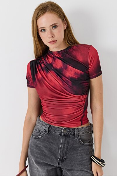 Raneel Kazançlı Alışveriş Women's Draped Digital Print Two-Color Tshirt Red