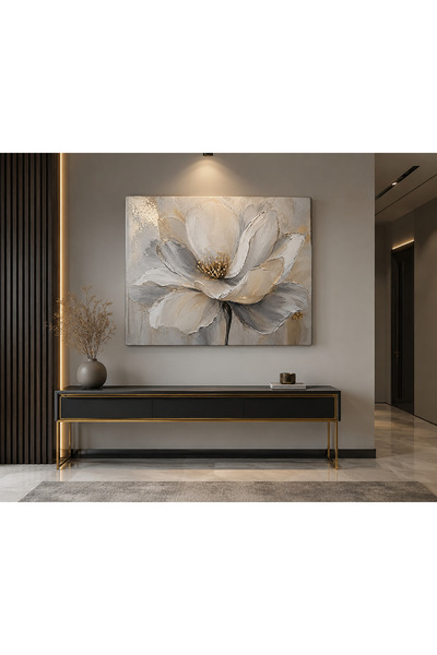 EvimeTablo Beyaz Çiçek Kanvas Tablo | Gold Detaylı Bej Gri Modern Çiçek Tablo...