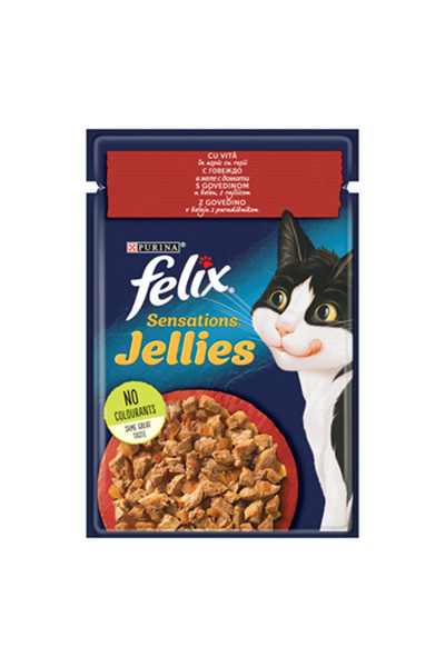 Felix Влажна храна за котки, Sensations Jelly, Говеждо в желе с домати, 26 х 85г