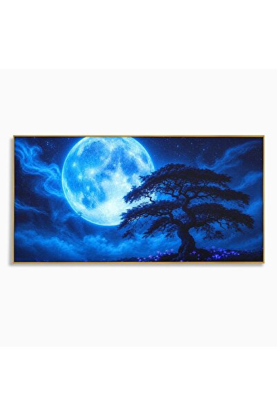 Luxcanva Tablou Canvas Luna Albastra 120x60 cm cu Rama Auriu Luna Copac Noapte