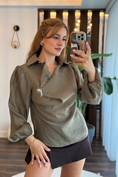 Raneel Kazançlı Alışveriş Women's Brooch Detailed Collared Viscose Transparen...