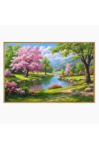 Luxcanva Tablou Canvas Peisaj Primavaratic 120x80 cm cu Rama Auriu Peisaj Pri...