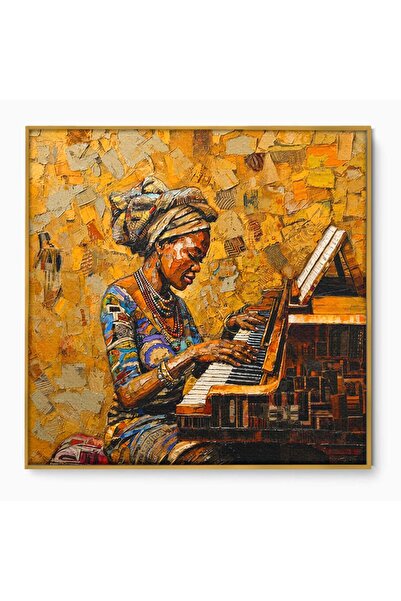 Luxcanva Tablou Canvas Pianista Africana 90x90 cm cu Rama Auriu Pian Femeie P...