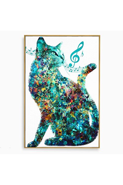 Luxcanva Tablou Canvas Pisica Muzicala 70x100 cm cu Rama Auriu Pisica Muzica ...