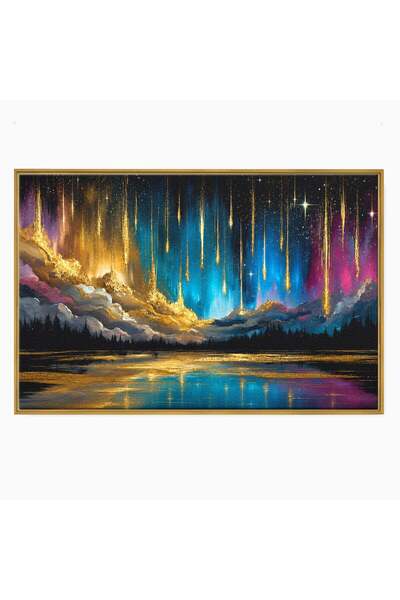 Luxcanva Tablou Canvas Cascada De Stele 70x50 cm cu Rama Auriu Stele Cer Peisaj