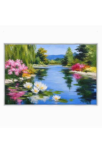 Luxcanva Tablou Canvas Peisaj De Vara Cu Lac Linistit cm cu Rama Argintiu Lac...