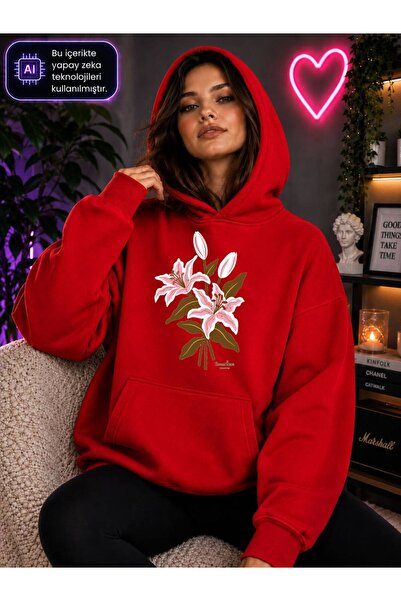 caddekombin Women's Pink Lily Flower Printed Hooded Kangaroo Pocket Cotton Ca...